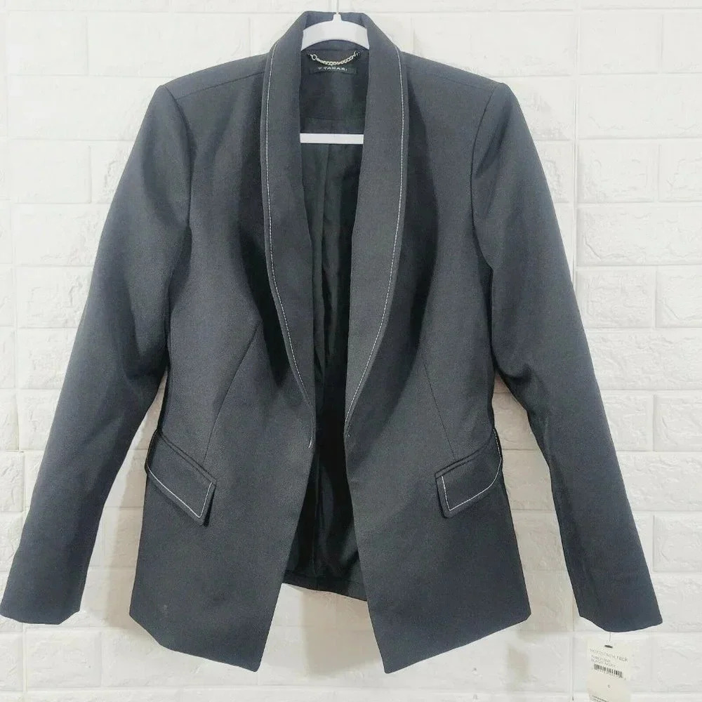 NWT T Tahari Women's Stitch Detail Blazer Jacket Open Front Long Sleeve Black 6